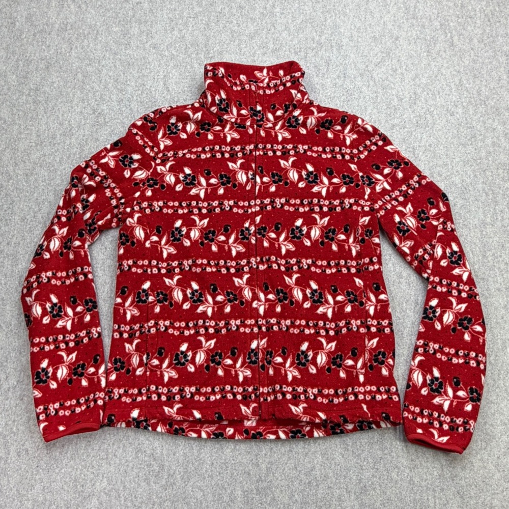 Uniqlo Fleece Jacket Womens M Red Floral Granola Gorp Cottagecore Nordic Apres